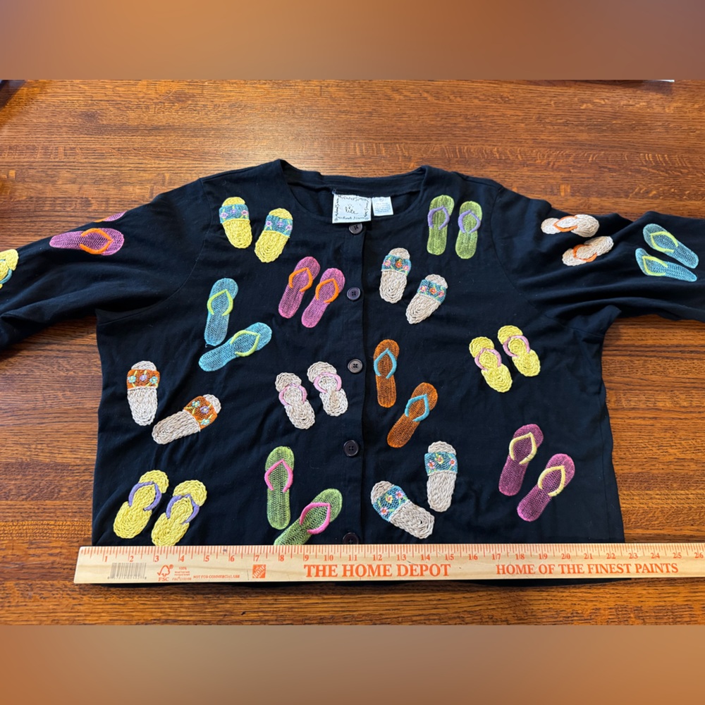Michael Simon Black Cardigan with Multicolor Flip-Flop Appliqués - Picture 7 of 8